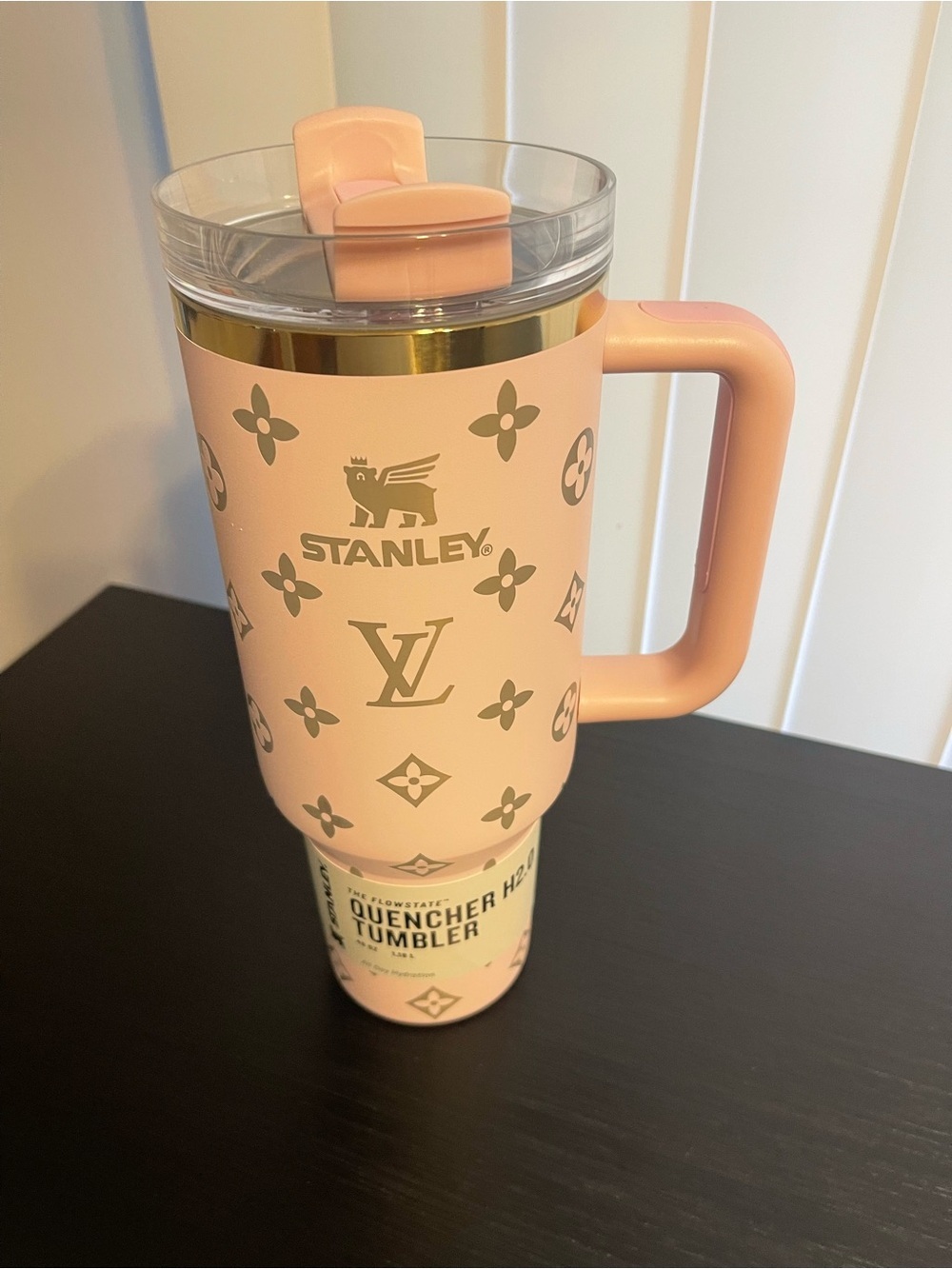 Custom Stanley Soft Pink Travel Tumbler with Gold Accents